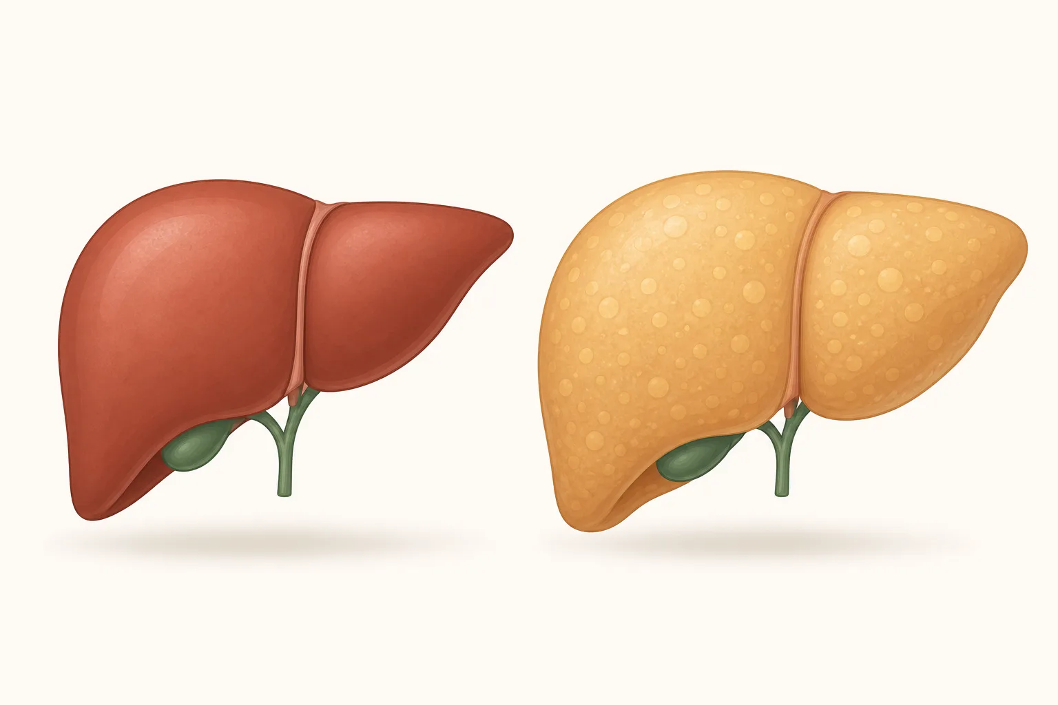 Illustration: a healthy reddish-brown liver on the left, a lighter, yellowish fatty liver with fat deposits on the right